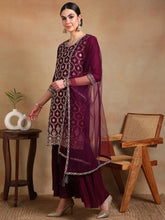 Women Burgundy Silk Blend Embroidered Straight Kurta Sharara Set With Dupatta